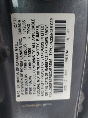 2HGFB2F5XCH325016 - 2012 HONDA CIVIC LX CHARCOAL photo 12