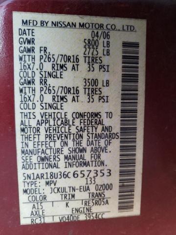 5N1AR18U36C657353 - 2006 NISSAN PATHFINDER LE მუქწითელი ფოტო 13