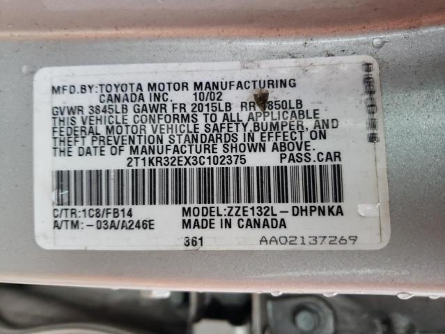 2T1KR32EX3C102375 - 2003 TOYOTA COROLLA MA XR SILVER photo 12