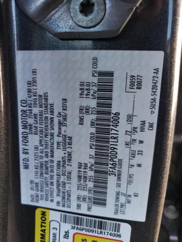 3FA6P0D91LR174006 - 2020 FORD FUSION TITANIUM GRAY photo 12