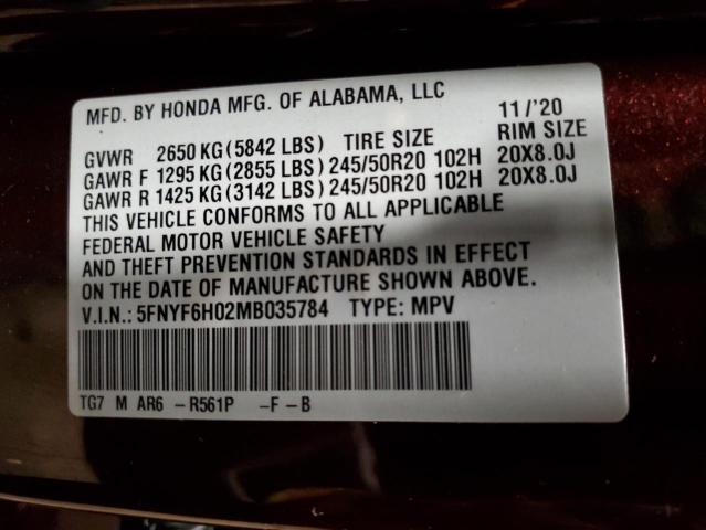 5FNYF6H02MB035784 - 2021 HONDA PILOT ELITE MAROON photo 12