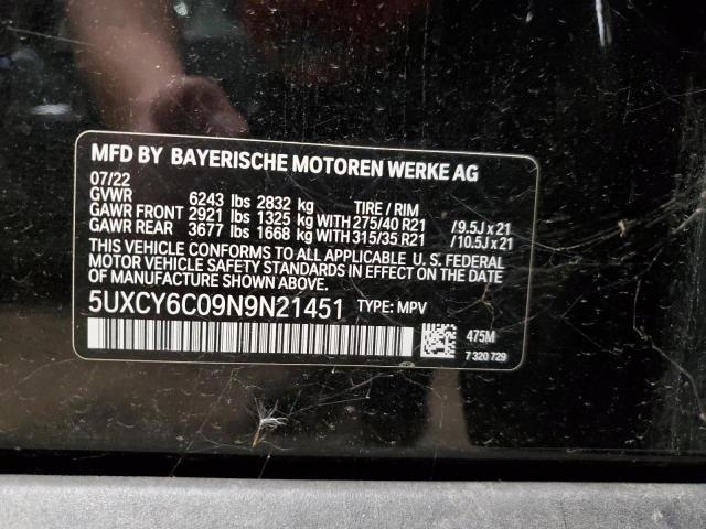 5UXCY6C09N9N21451 - 2022 BMW X6 XDRIVE40I BLACK photo 12