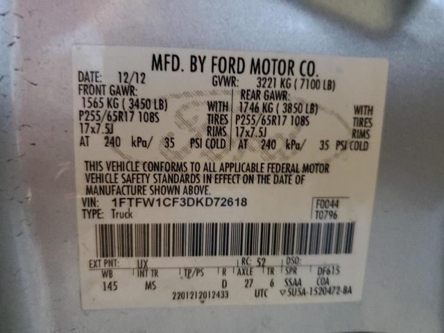 1FTFW1CF3DKD72618 - 2013 FORD F150 SUPER SILVER photo 12