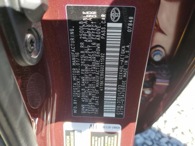 4T1BK1EB6GU211592 - 2016 TOYOTA AVALON XLE BURGUNDY photo 12