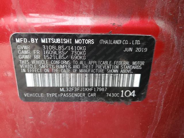 ML32F3FJ1KHF17987 - 2019 MITSUBISHI MIRAGE G4 ES Rojo foto 12