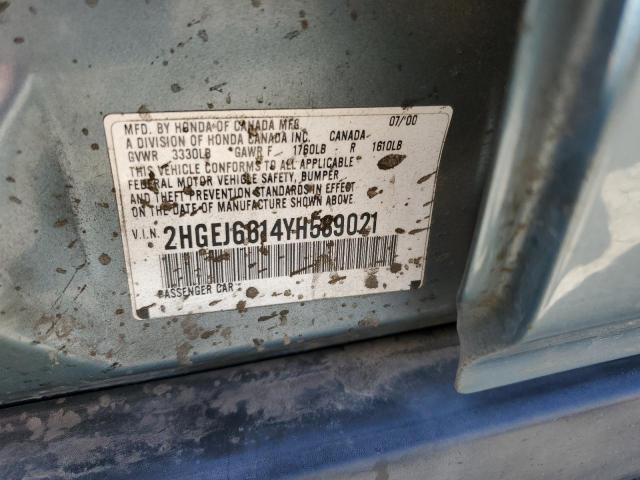 2HGEJ6614YH589021 - 2000 HONDA CIVIC BASE BLUE photo 13