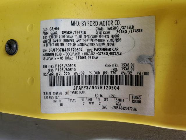 3FAFP37N45R120504 - 2005 FORD FOCUS ZX5 YELLOW photo 10