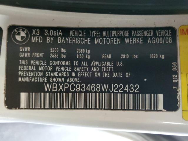 WBXPC93468WJ22432 - 2008 BMW X3 3.0SI WHITE photo 13