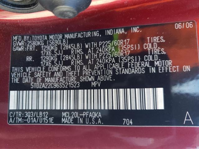 5TDZA22C96S521523 - 2006 TOYOTA SIENNA XLE BURGUNDY photo 13