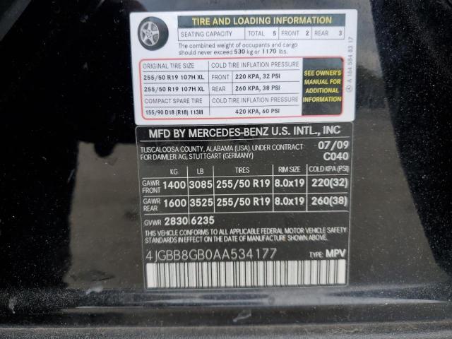 4JGBB8GB0AA534177 - 2010 MERCEDES-BENZ ML 350 4MATIC BLACK photo 13