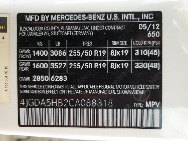 4JGDA5HB2CA088318 - 2012 MERCEDES-BENZ ML 350 4MATIC WHITE photo 12