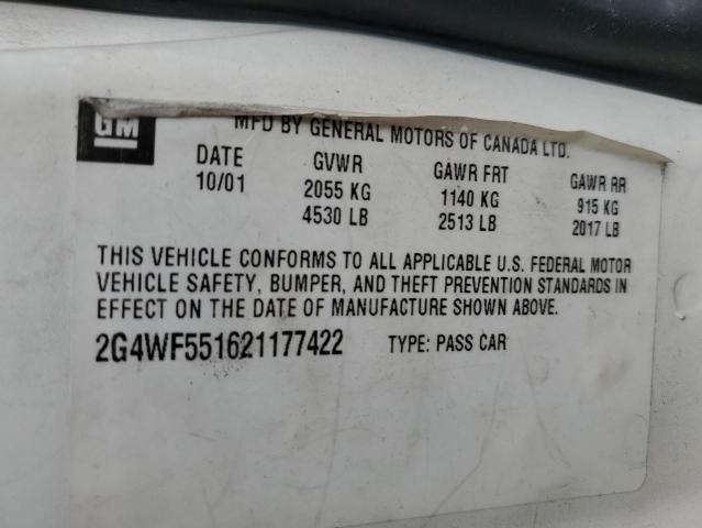 2G4WF551621177422 - 2002 BUICK REGAL GS WHITE photo 12