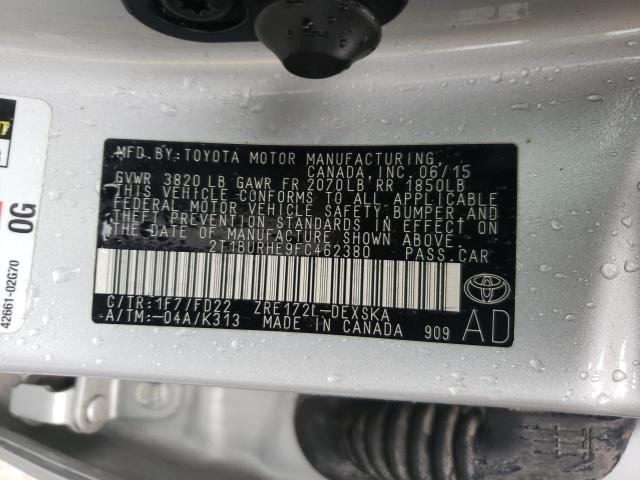 2T1BURHE9FC462380 - 2015 TOYOTA COROLLA L SILVER photo 10