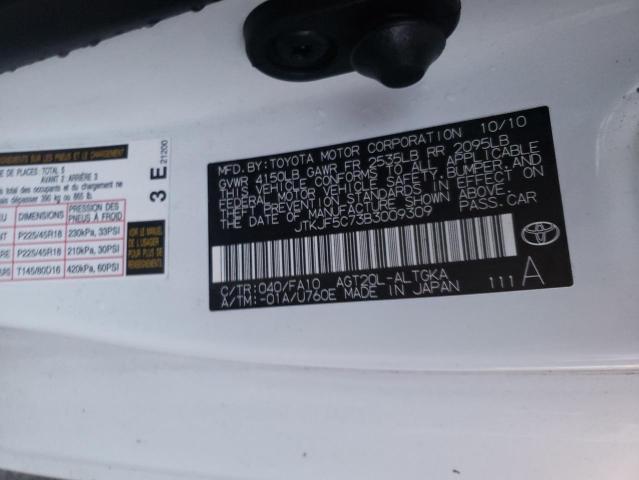 JTKJF5C73B3009309 - 2011 TOYOTA SCION TC 白色 照片 10