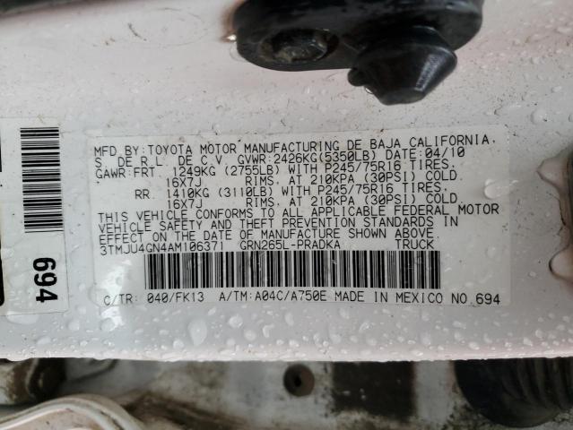 3TMJU4GN4AM106371 - 2010 TOYOTA TACOMA DOUBLE CAB PRERUNNER WHITE photo 12