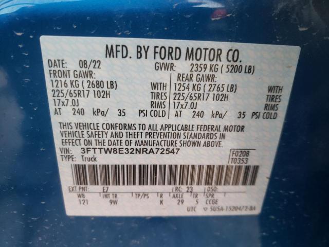 3FTTW8E32NRA72547 - 2022 FORD MAVERICK XL BLUE photo 12