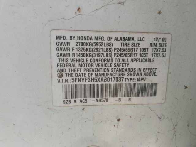 5FNYF3H5XAB017037 - 2010 HONDA PILOT EXL WHITE photo 13