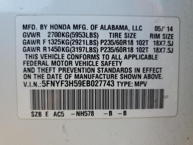 5FNYF3H59EB027743 - 2014 HONDA PILOT EXL WHITE photo 13