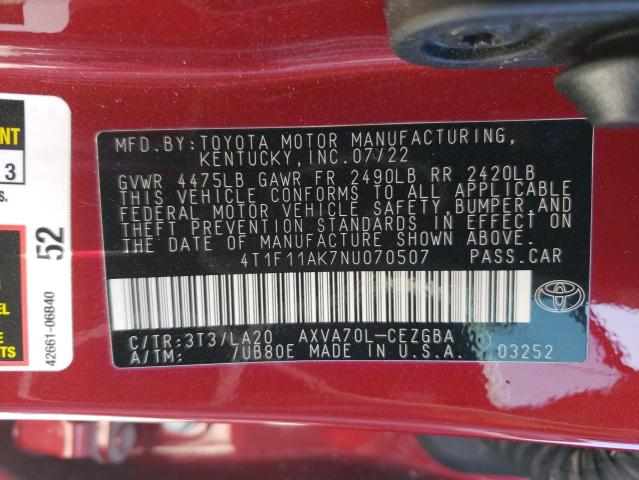 4T1F11AK7NU070507 - 2022 TOYOTA CAMRY XLE RED photo 12