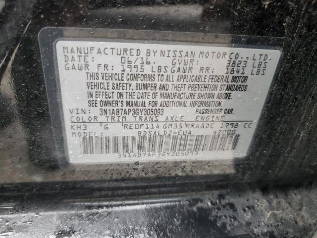 3N1AB7AP3GY305093 - 2016 NISSAN SENTRA S BLACK photo 12