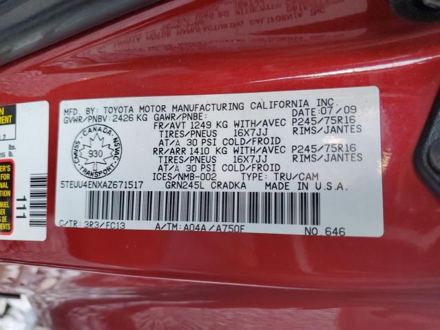 5TEUU4ENXAZ671517 - 2010 TOYOTA TACOMA ACCESS CAB Қызыл фото 12