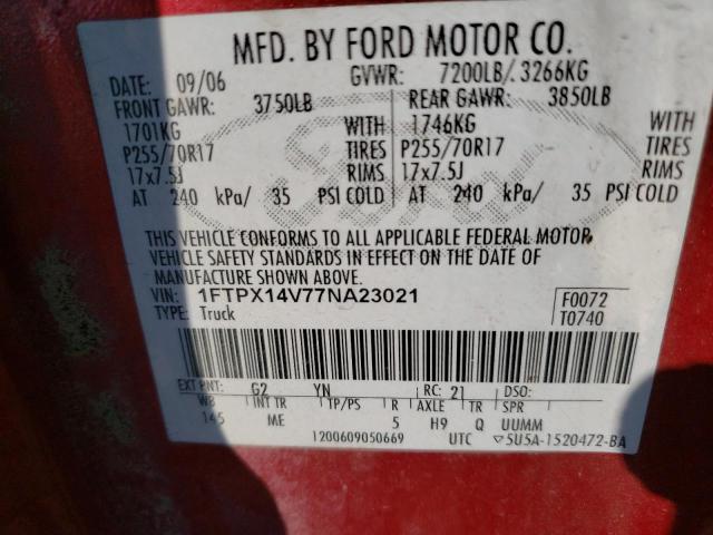 1FTPX14V77NA23021 - 2007 FORD F150 RED photo 12