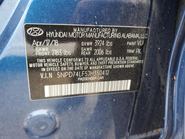 5NPD74LF5JH350412 - 2018 HYUNDAI ELANTRA SE BLUE photo 12