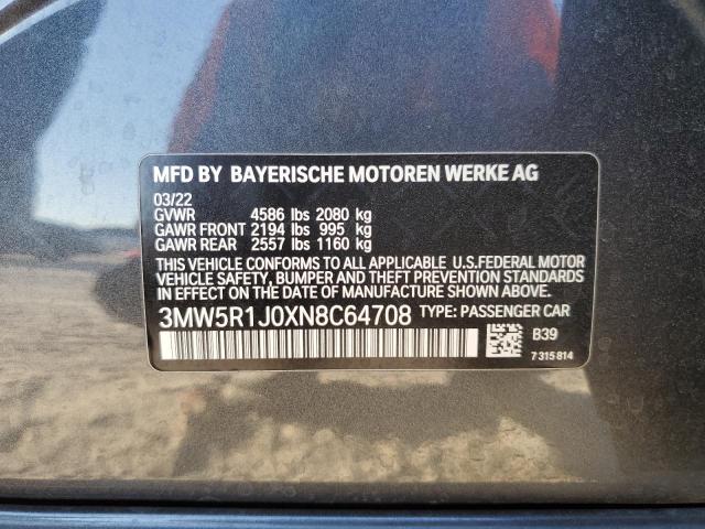 3MW5R1J0XN8C64708 - 2022 BMW 330I GRAY photo 12