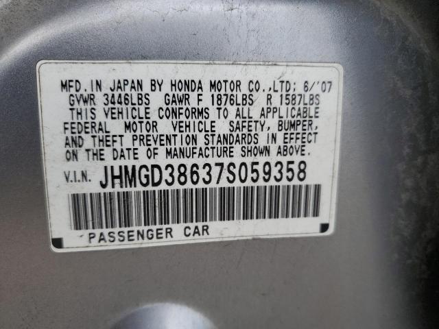 JHMGD38637S059358 - 2007 HONDA FIT S GRAY photo 12