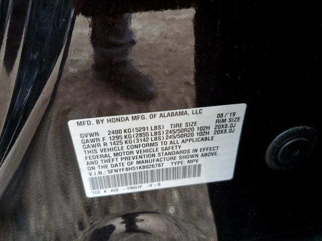 5FNYF8H51KB026787 - 2019 HONDA PASSPORT EXL BLACK photo 12