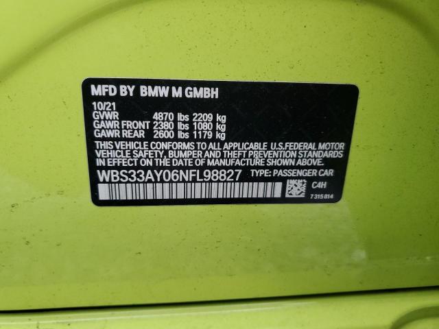 WBS33AY06NFL98827 - 2022 BMW M3 COMPETITION YELLOW photo 12