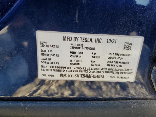 5YJSA1E54MF454078 - 2021 TESLA MODEL S ლურჯი ფოტო 13