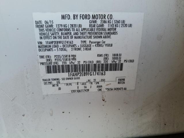 1FAHP2E89FG174163 - 2015 FORD TAURUS SEL WHITE photo 12