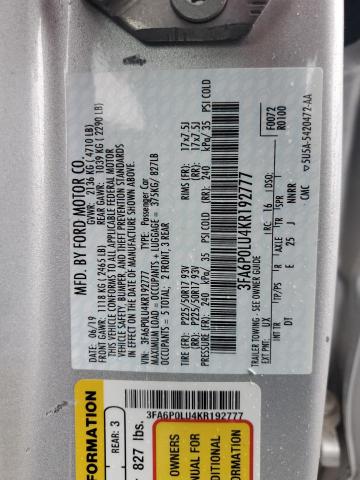 3FA6P0LU4KR192777 - 2019 FORD FUSION SE SILVER photo 12