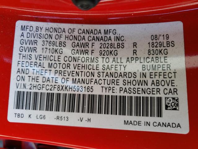 2HGFC2F8XKH593165 - 2019 HONDA CIVIC SPORT წითელი ფოტო 13