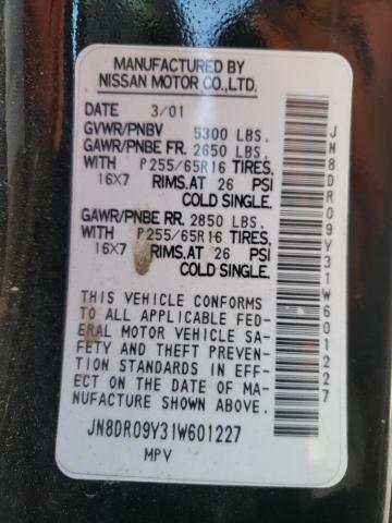 JN8DR09Y31W601227 - 2001 NISSAN PATHFINDER LE შავი ფოტო 14