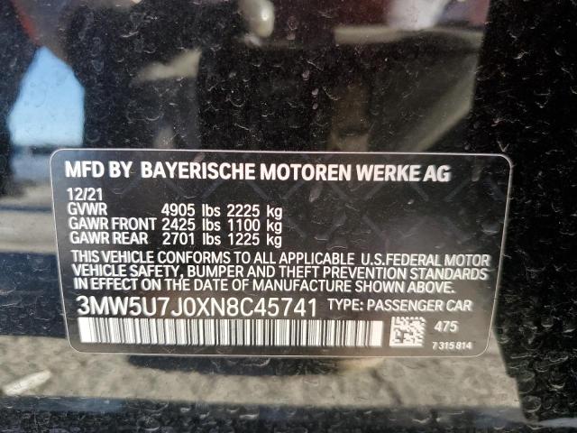 3MW5U7J0XN8C45741 - 2022 BMW M340I BLACK photo 12