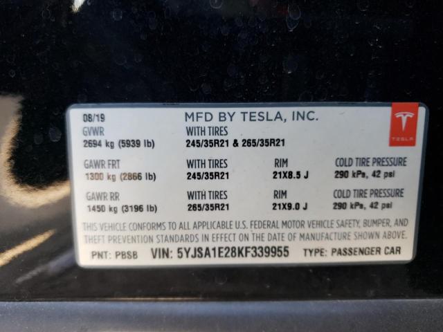 5YJSA1E28KF339955 - 2019 TESLA MODEL S Սև լուսանկար 12