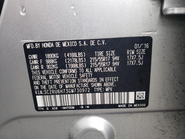 3CZRU6H73GM730972 - 2016 HONDA HR-V EXL SILVER photo 12