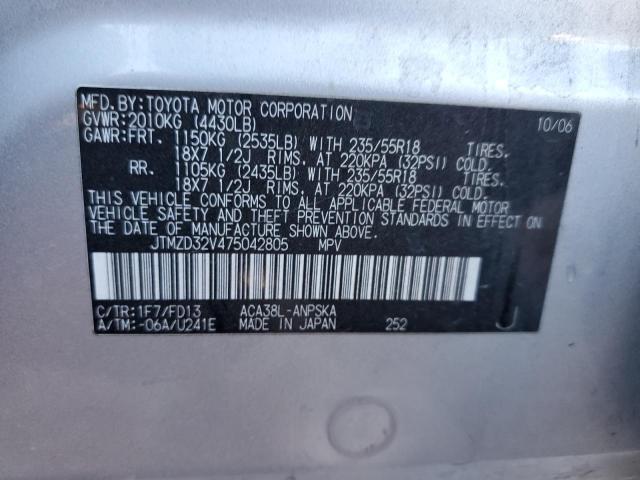 JTMZD32V475042805 - 2007 TOYOTA RAV4 SPORT SILVER photo 12