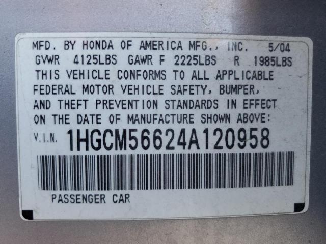 1HGCM56624A120958 - 2004 HONDA ACCORD EX SILVER photo 12