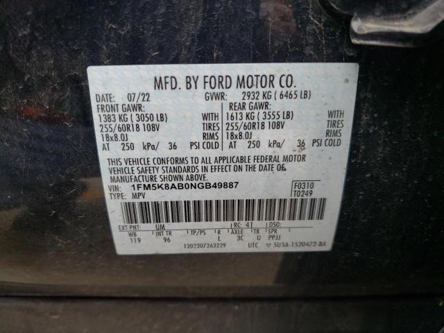 1FM5K8AB0NGB49887 - 2022 FORD EXPLORER POLICE INTERCEPTOR BLACK photo 12