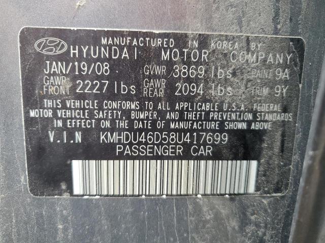 KMHDU46D58U417699 - 2008 HYUNDAI ELANTRA GLS GRAY photo 13