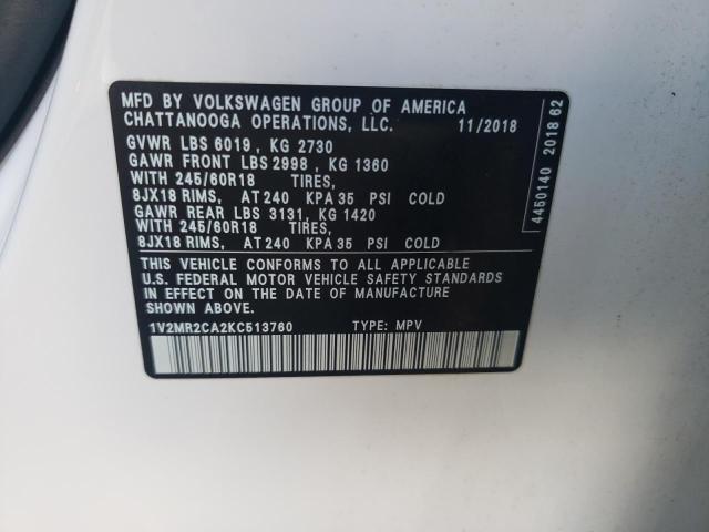 1V2MR2CA2KC513760 - 2019 VOLKSWAGEN ATLAS SEL WHITE photo 12