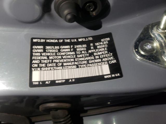 SHHFK7H49LU226580 - 2020 HONDA CIVIC SPORT GRAY photo 12