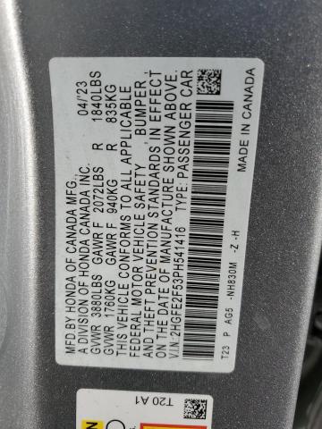 2HGFE2F53PH541416 - 2023 HONDA CIVIC SPORT SILVER photo 12