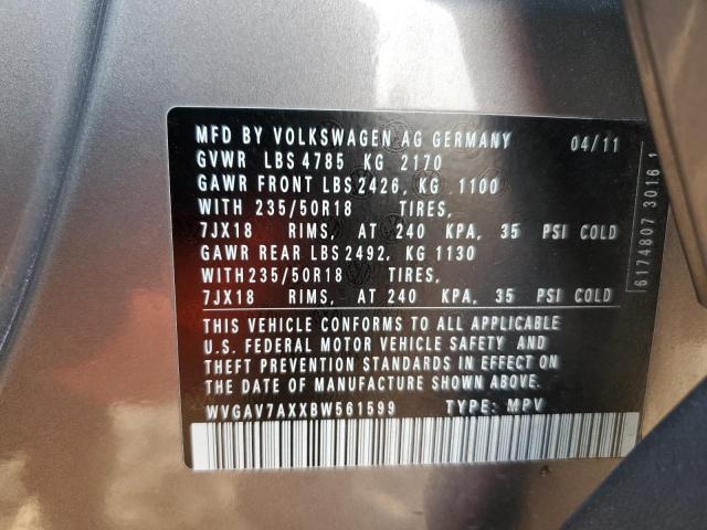 WVGAV7AXXBW561599 - 2011 VOLKSWAGEN TIGUAN S GRAY photo 13