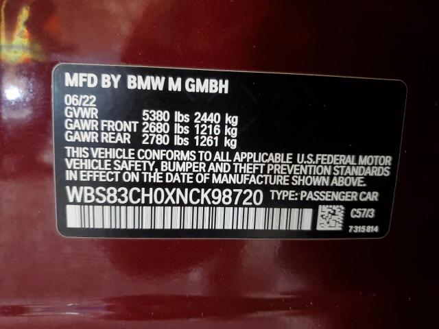 WBS83CH0XNCK98720 - 2022 BMW M5 BURGUNDY photo 12