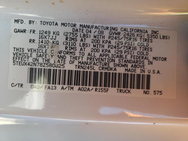 5TEUX42N78Z580825 - 2008 TOYOTA TACOMA ACCESS CAB თეთრი ფოტო 12