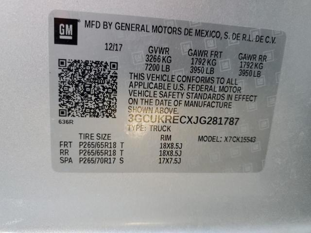 3GCUKRECXJG281787 - 2018 CHEVROLET SILVERADO K1500 LT SILVER photo 12